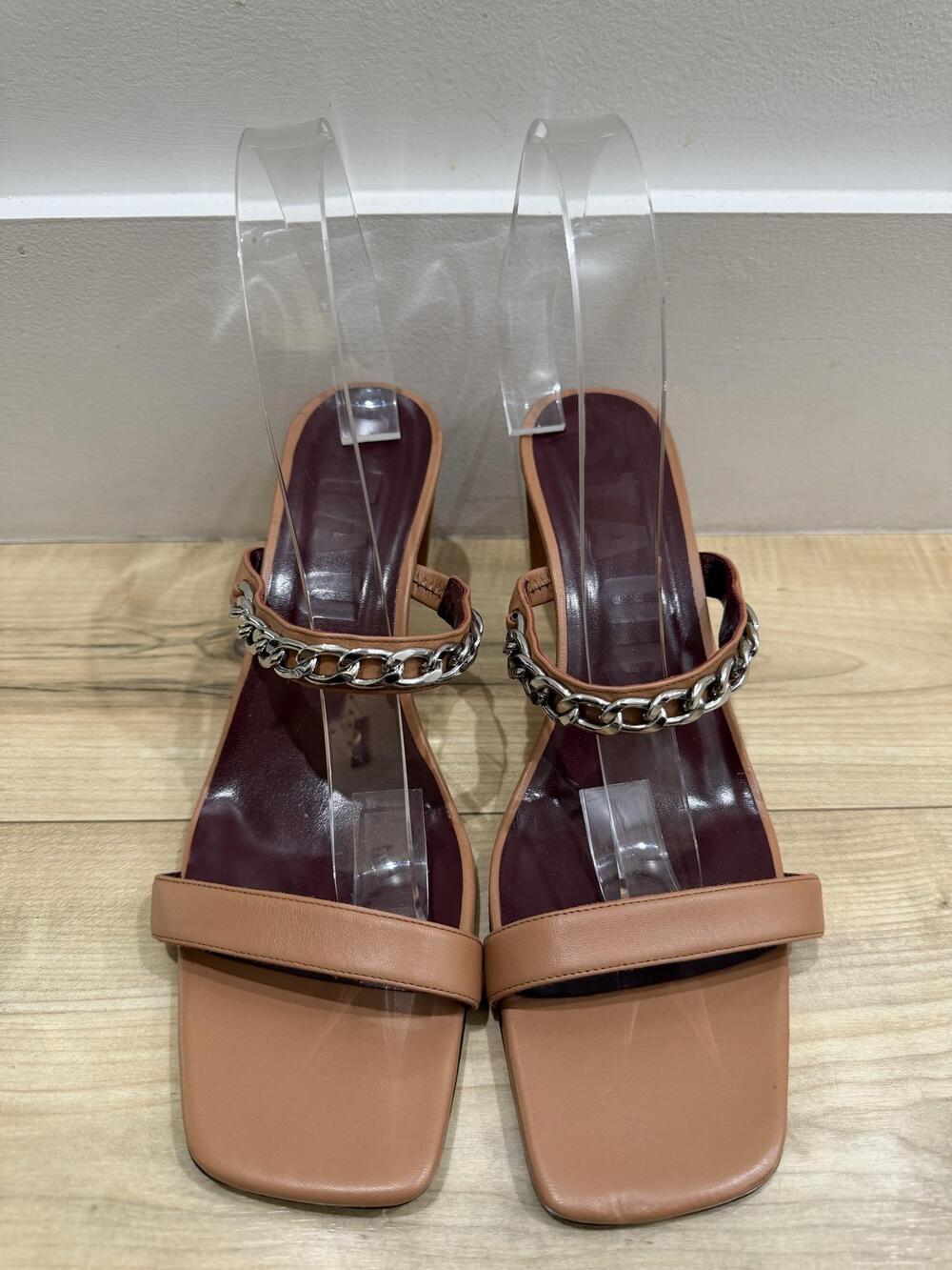 STAUD Sandals Womens Size 10.5 Brown Leather Chain Strap Block Heel Slide Shoes